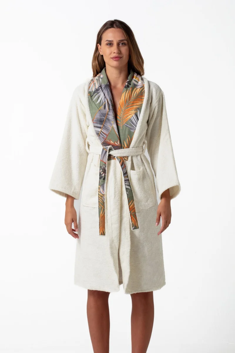 Meyn Collection Gift with Fabric Embroidered Collar, Dowry Women's Bathrobe, Dressing Gown/Colorful Printed Fabric Collar