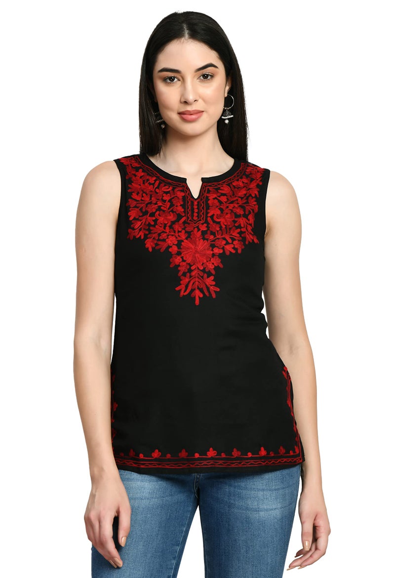 QAZMI Women's Kashmiri Embroidered Sleeveless Kurti_XS - Image 1