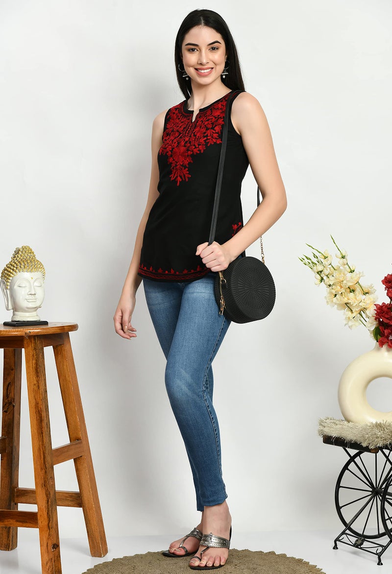 QAZMI Women's Kashmiri Embroidered Sleeveless Kurti_XS - Image 4