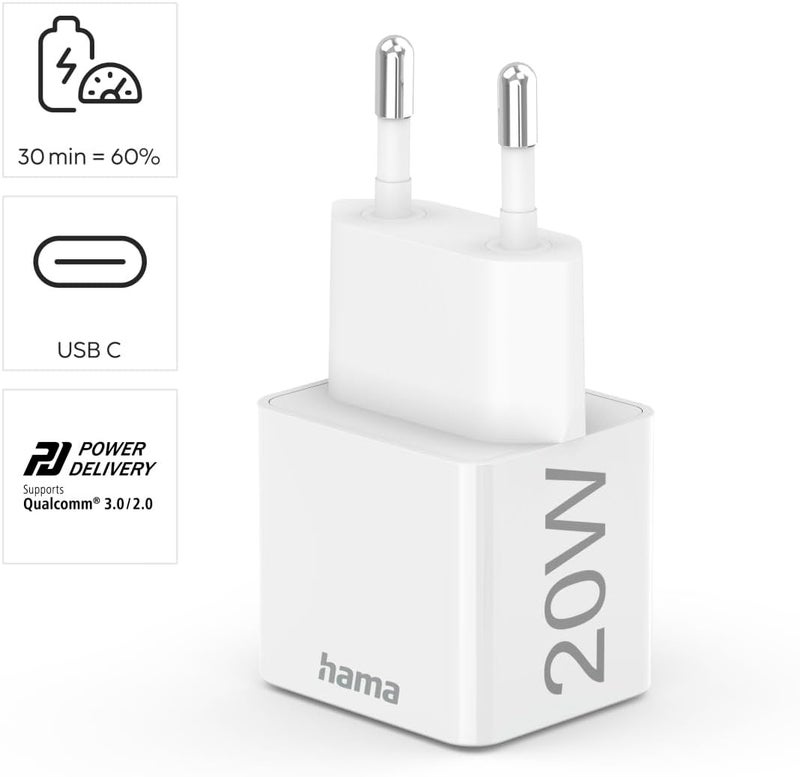 Hama 20W USB-C Power Delivery Wall Charger with Lightning Cable, Fast Charging Set for Apple iPhone/iPad/iPod, 1m, White - Image 2