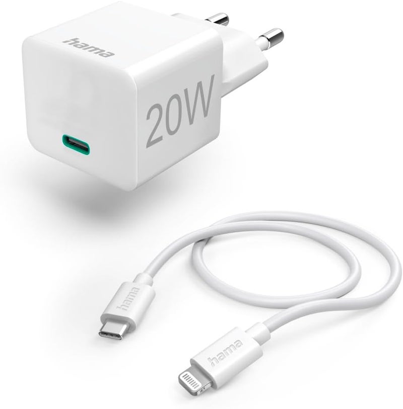 Hama 20W USB-C Power Delivery Wall Charger with Lightning Cable, Fast Charging Set for Apple iPhone/iPad/iPod, 1m, White - Image 1