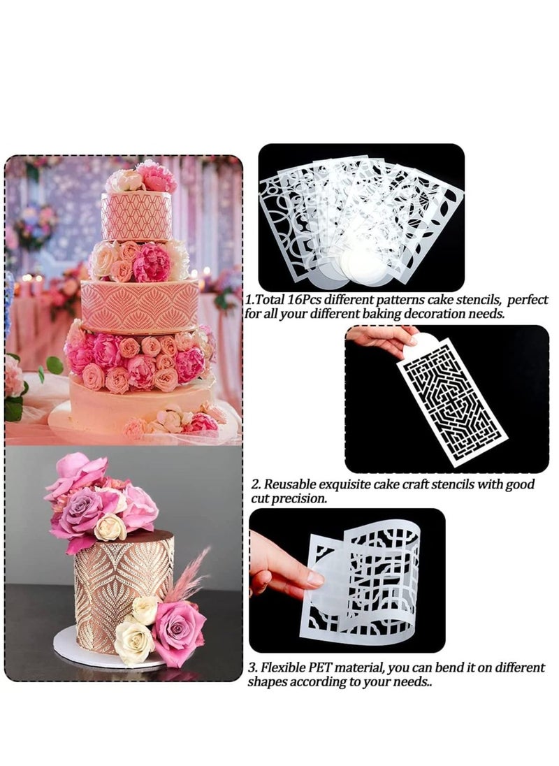 Cake Decorating Stencils 16PCS Cake Decorating Stencils Templates Buttercream Lace Cake Stencil Geometric Icing Stencils Cake Printing Fine Hollow Molds Side Baking Mesh Stencils for Cake Decorating
