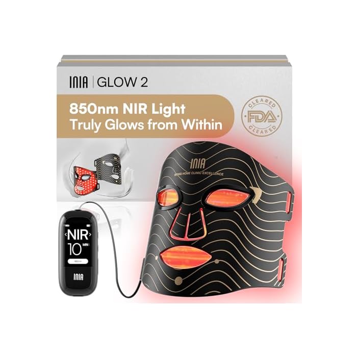 INIA Red Light Therapy Mask for Face – 4 Light Modes with 850nm NIR, Red & Blue LED Light Therapy, 2600mAh Rechargeable LED Face Mask for Radiant Glow at Home, Black