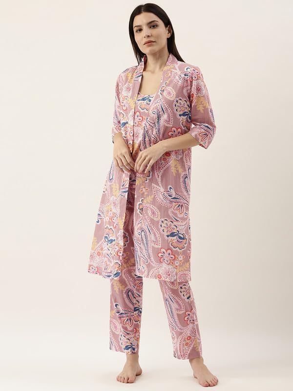 SAY Cotton Floral Printed 3 Piece Night Suit Set for Women Beige - Image 2