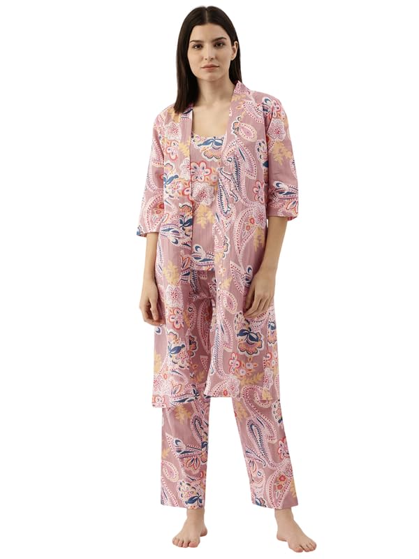 SAY Cotton Floral Printed 3 Piece Night Suit Set for Women Beige - Image 1
