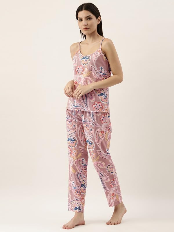 SAY Cotton Floral Printed 3 Piece Night Suit Set for Women Beige - Image 3