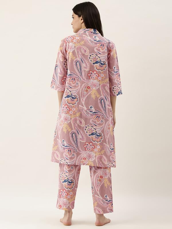 SAY Cotton Floral Printed 3 Piece Night Suit Set for Women Beige - Image 4