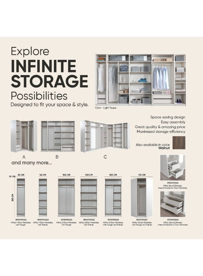 Infinity 2 Door Wardrobe With Shelves | Modular Wardrobe | Modern Design Storage For Bedroom L100xW59xH230cm - D.Walnut - Image 4