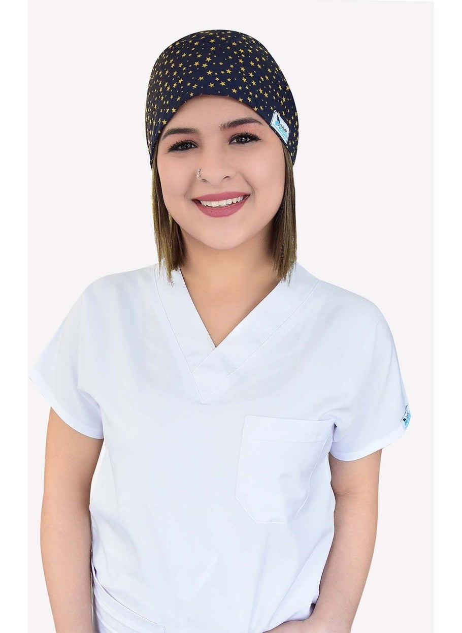 Nur Medikal Giyim Navy Blue Star Patterned Surgical Bonnet B47  - Image 1