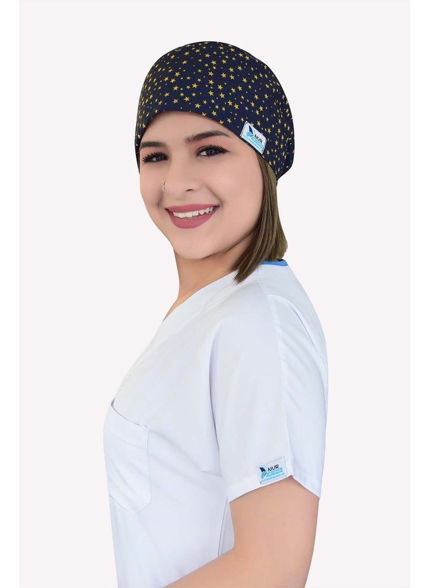 Nur Medikal Giyim Navy Blue Star Patterned Surgical Bonnet B47  - Image 3
