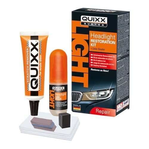 QUIXX QHRK1 Reliable Headlight Restoration Kit, Includes 50g Headlight Polish, 30ml Sealing, Sanding & Polishing Block, 12 Abrasive Papers and 4 Polish Cloths, Can Save a Vehicle from an MOT Failure, Increase Safety - Image 1