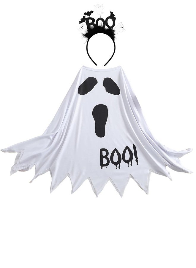 WOLBAY 2Pcs Halloween Costumes Woman Pumpkin Ghost Skeleton Halloween Poncho for Women With Headband (Ghost, Large) - Image 4