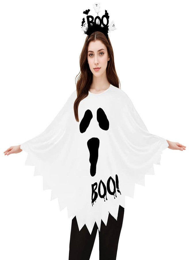 WOLBAY 2Pcs Halloween Costumes Woman Pumpkin Ghost Skeleton Halloween Poncho for Women With Headband (Ghost, Large) - Image 1
