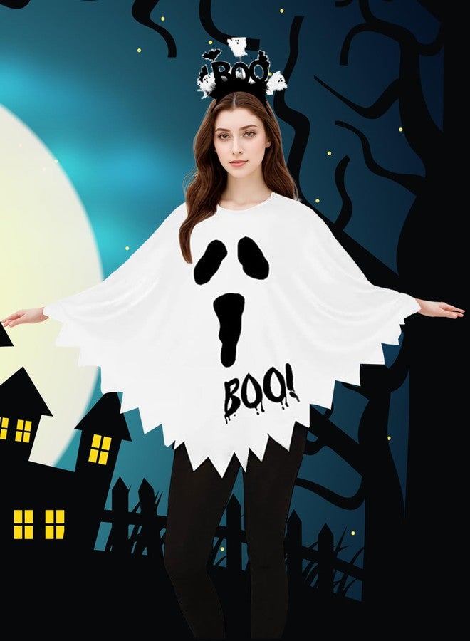 WOLBAY 2Pcs Halloween Costumes Woman Pumpkin Ghost Skeleton Halloween Poncho for Women With Headband (Ghost, Large) - Image 3