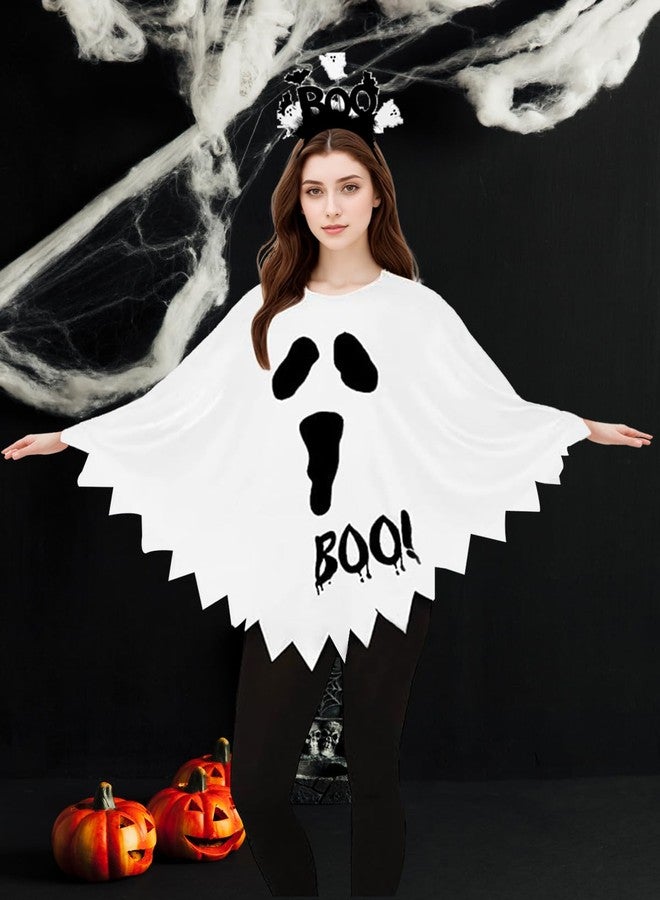 WOLBAY 2Pcs Halloween Costumes Woman Pumpkin Ghost Skeleton Halloween Poncho for Women With Headband (Ghost, Large) - Image 2