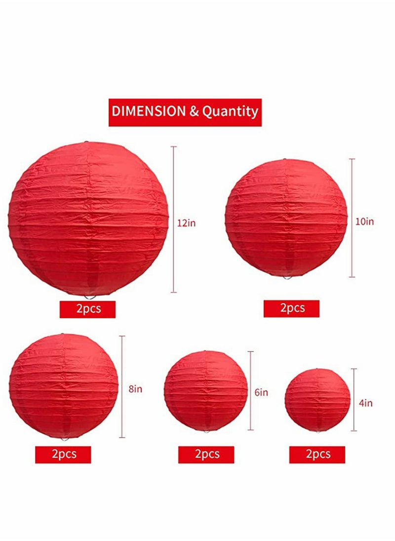 KASTWAVE - 10Pcs Red Paper Lanterns Decorative, Chinese/Japanese Hanging Round Foldable Lantern, for Birthday, Wedding, Halloween, Bridal Shower, Home Decor, Party (Size of 4”, 6”, 8”, 10”) - Image 1