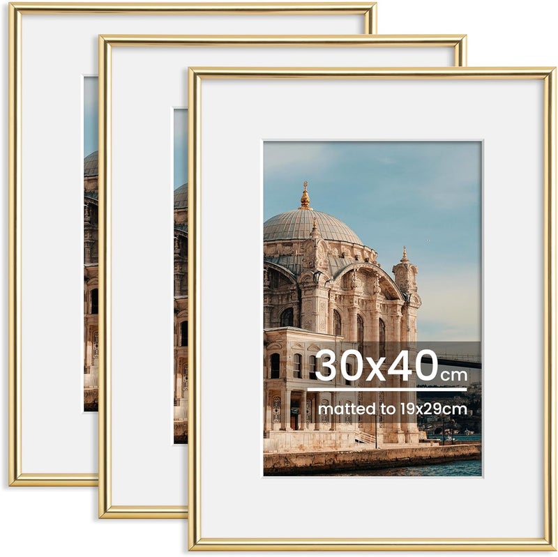 FLYJOE 30cmx40cm Picture Frame, Display Pictures 8x12 with Mat or 11.8x15.7 Without Mat, Wall and Tabletop Display Photo Frame, Gold, 3 Pack - Image 1
