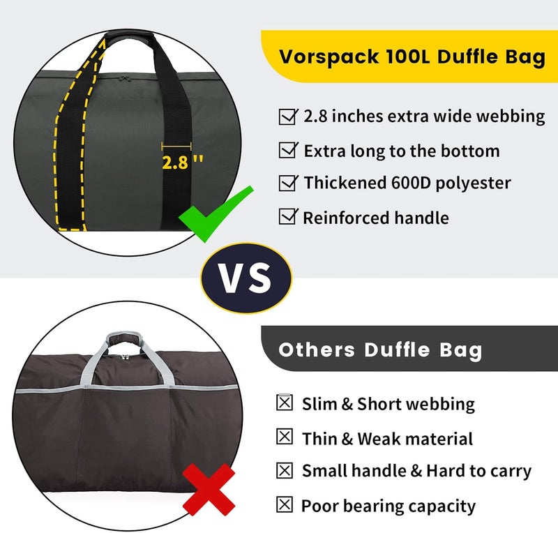 Vorspack Extra Large Duffle Bag for Travel - 100L Duffel Bag for Men Gear Bag for Storage Foldable Weekender Bag for Overnight Camping - Black - Image 2