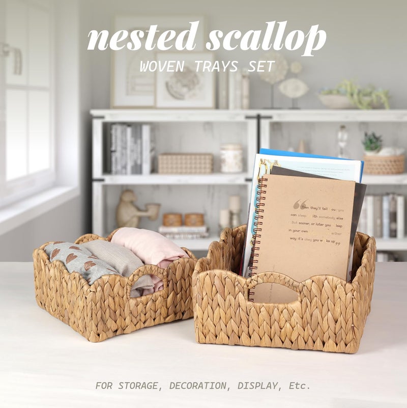SIEUSALEVN Scalloped Baskets (Natural-Set of 2) Basket Living Room Organizer, Water Hyacinth Baskets For Decor, Woven Basket for Bathroom, Bedroom, Laundry. Hyacinth Storage Basket with Built-in Handles - Image 4