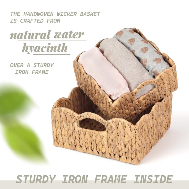 SIEUSALEVN Scalloped Baskets (Natural-Set of 2) Basket Living Room Organizer, Water Hyacinth Baskets For Decor, Woven Basket for Bathroom, Bedroom, Laundry. Hyacinth Storage Basket with Built-in Handles - Image 3