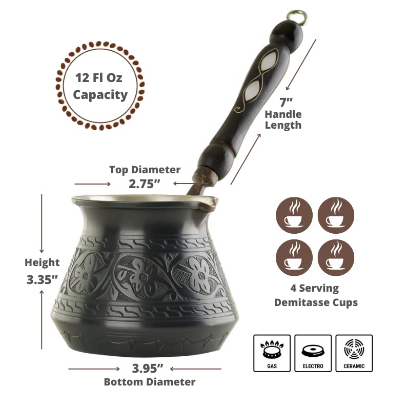 BCS 12 Oz Copper Turkish Greek Arabic Coffee Pot with Wooden Handle (4 servings) Cezve Ibrik Briki Stovetop Coffee Maker (Includes Wooden Spoon) - Image 2