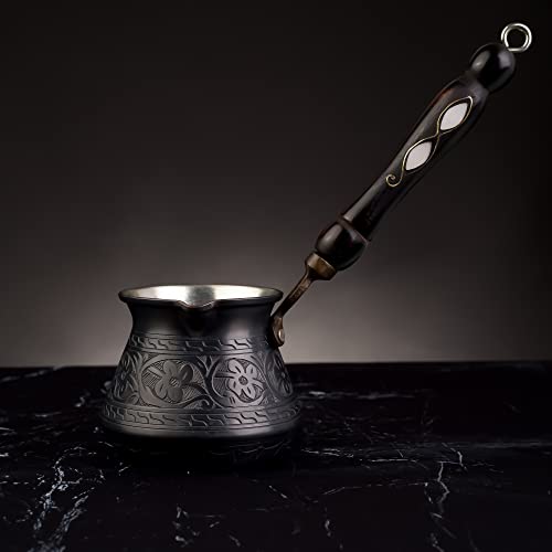 BCS 12 Oz Copper Turkish Greek Arabic Coffee Pot with Wooden Handle (4 servings) Cezve Ibrik Briki Stovetop Coffee Maker (Includes Wooden Spoon) - Image 3