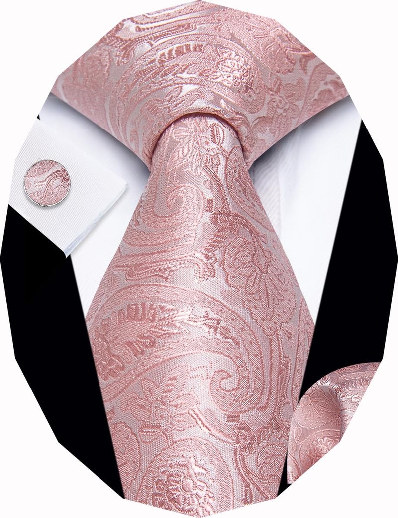YourTies Pink Tie and Pocket Square Set Formal Silk Mens Tie Paisley Floral Necktie for Business Wedding Party - Image 1