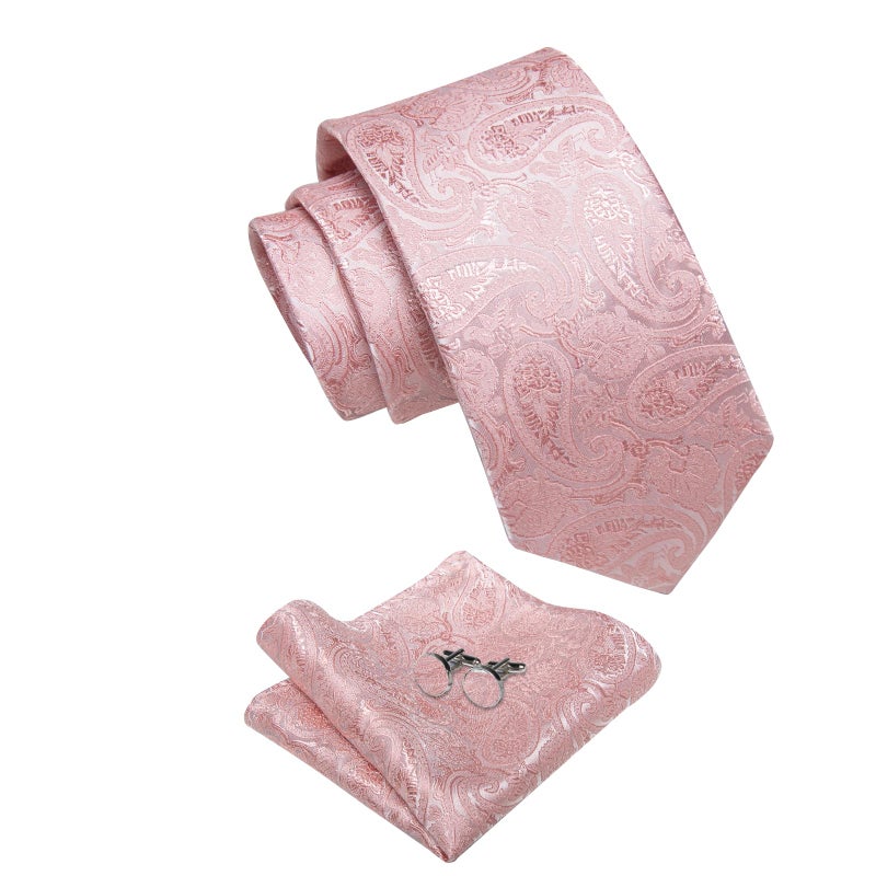 YourTies Pink Tie and Pocket Square Set Formal Silk Mens Tie Paisley Floral Necktie for Business Wedding Party - Image 2