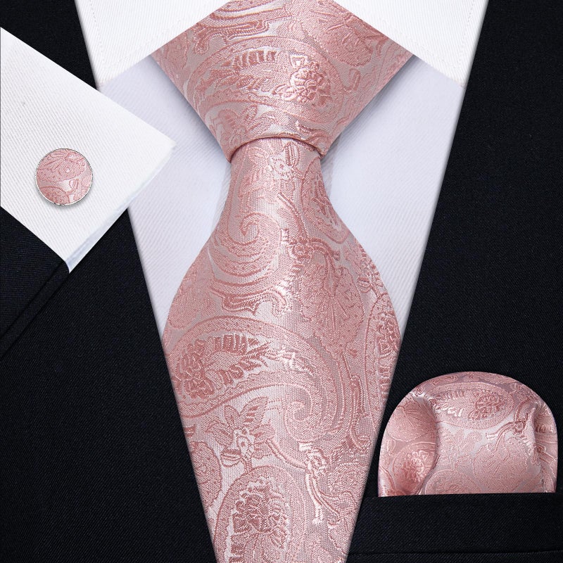YourTies Pink Tie and Pocket Square Set Formal Silk Mens Tie Paisley Floral Necktie for Business Wedding Party - Image 3
