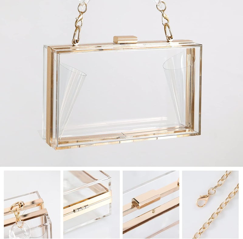 WJCD Women Clear Purse Acrylic Box Clutch Handbag, Small Transparent Crossbody Evening Bag Stadium Approved Gold Chain Strap - Image 3