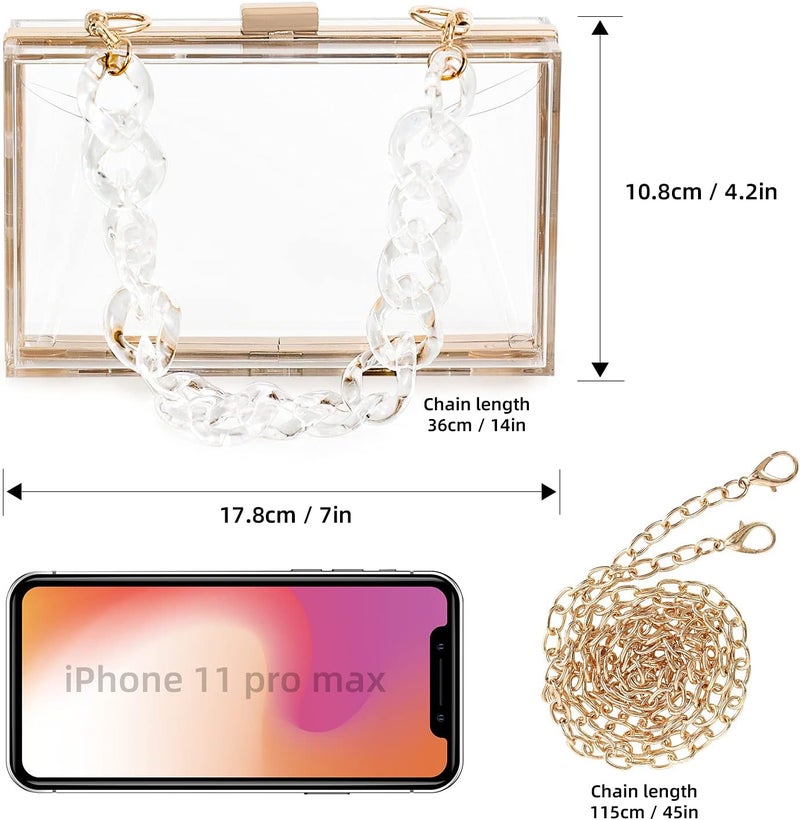 WJCD Women Clear Purse Acrylic Box Clutch Handbag, Small Transparent Crossbody Evening Bag Stadium Approved Gold Chain Strap - Image 2
