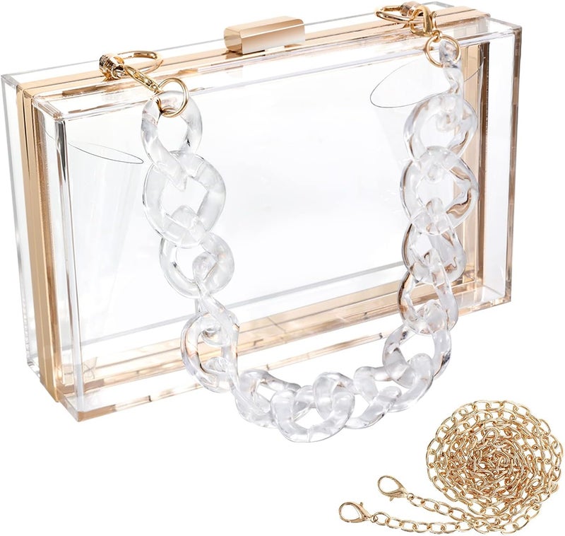 WJCD Women Clear Purse Acrylic Box Clutch Handbag, Small Transparent Crossbody Evening Bag Stadium Approved Gold Chain Strap - Image 1