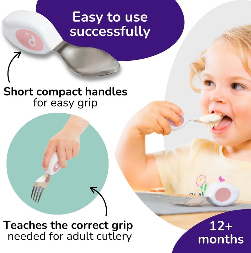 Doddl Toddler Utensils, Ergonomic Fork and Spoon Set for Self Feeding, Stainless Steel Silverware for 1-3 Year Olds, BPA Free, Dishwasher Safe (Dusky Rose) - Image 3