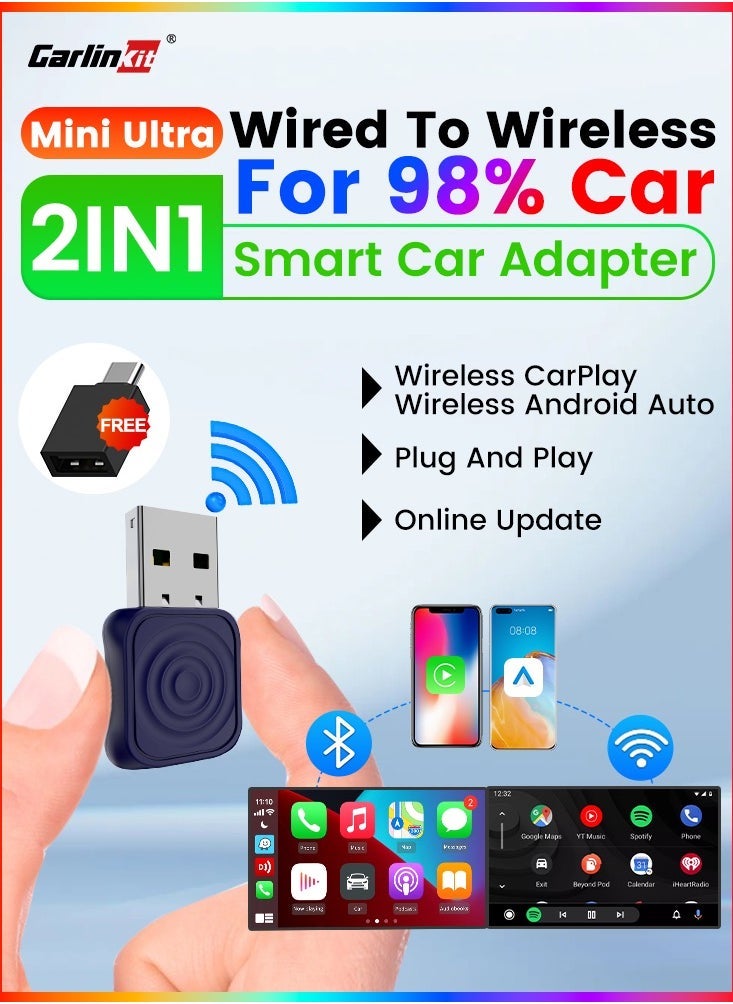 كار لينكيت CarlinKit Mini Ultra Wireless USB Dongle Wireless Android Auto & Wireless CarPlay لمحول السيارة الذكي 2 في 1 بنسبة 98٪ للسيارات - Image 1