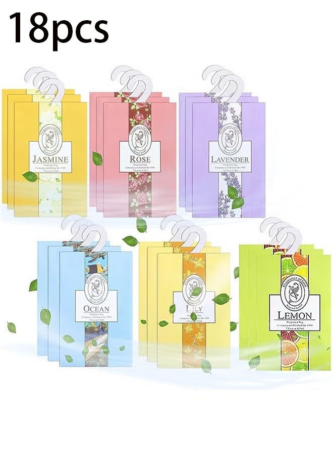 Ailily 6 Scents 18 PCS Natural Scented Sachets, Home Deodorizing Aroma Bag with Hanger Wardrobe Long Lasting Sachets Bags Air Freshener Scents Bathroom Fragrance Hanging Aroma Bag for Drawers Closets Cars (Lavender Jasmine Rose Lemon Ocean Lily) - Image 1