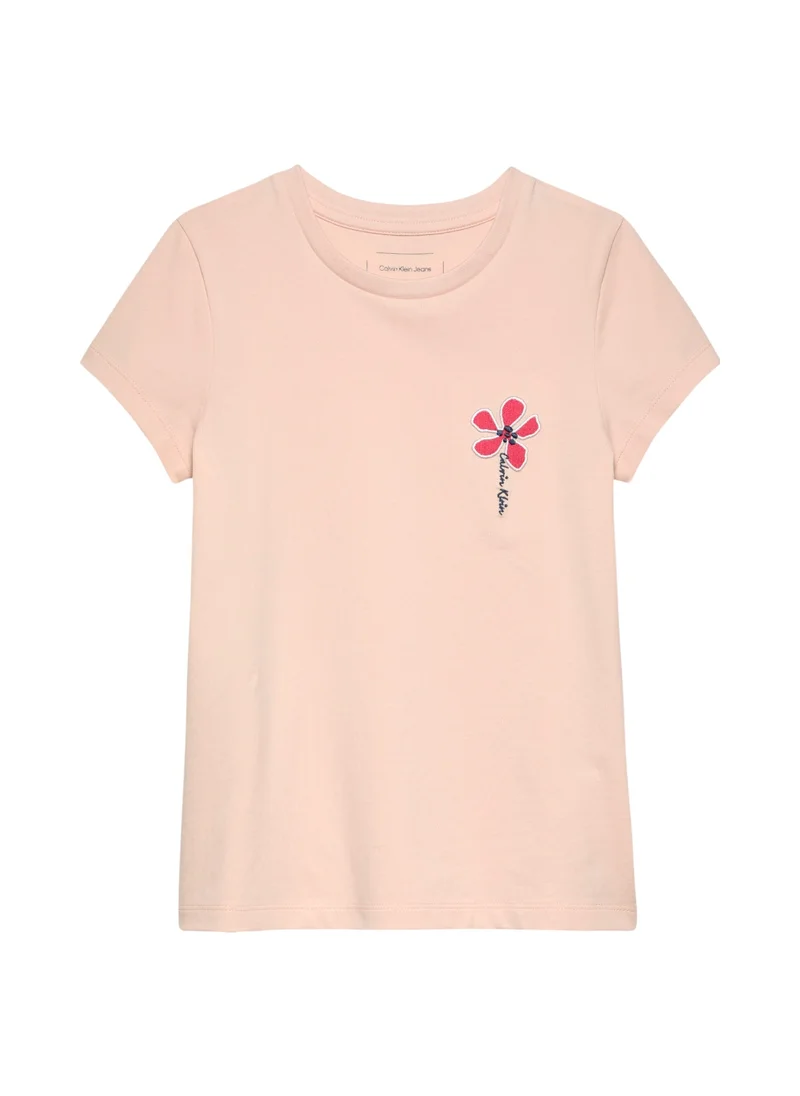 Calvin Klein Jeans Girls' Slim Flower Appliqué T-Shirt - Cotton, Pink