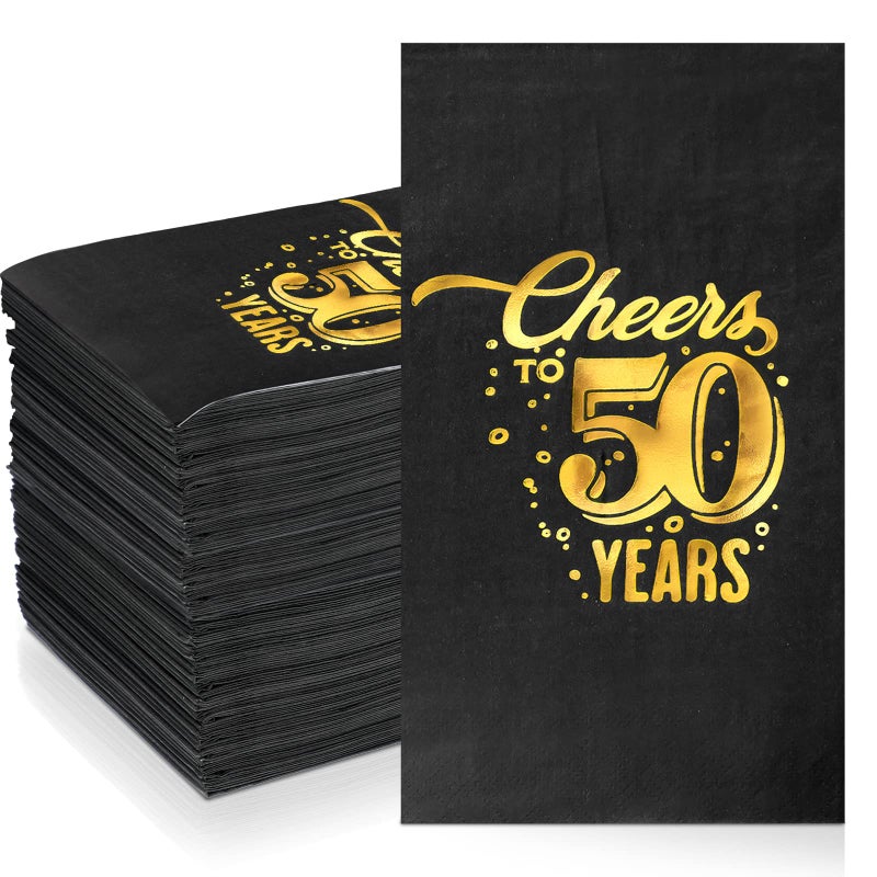 Geyee 200 Pcs 50th/60th/70th Birthday Napkins Cheer to 50/60/70 Years Disposable Black and Gold Dinner Party Napkin for Men Women Anniversary Decoration(50th Birthday) - Image 1