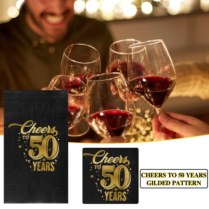 Geyee 200 Pcs 50th/60th/70th Birthday Napkins Cheer to 50/60/70 Years Disposable Black and Gold Dinner Party Napkin for Men Women Anniversary Decoration(50th Birthday) - Image 5