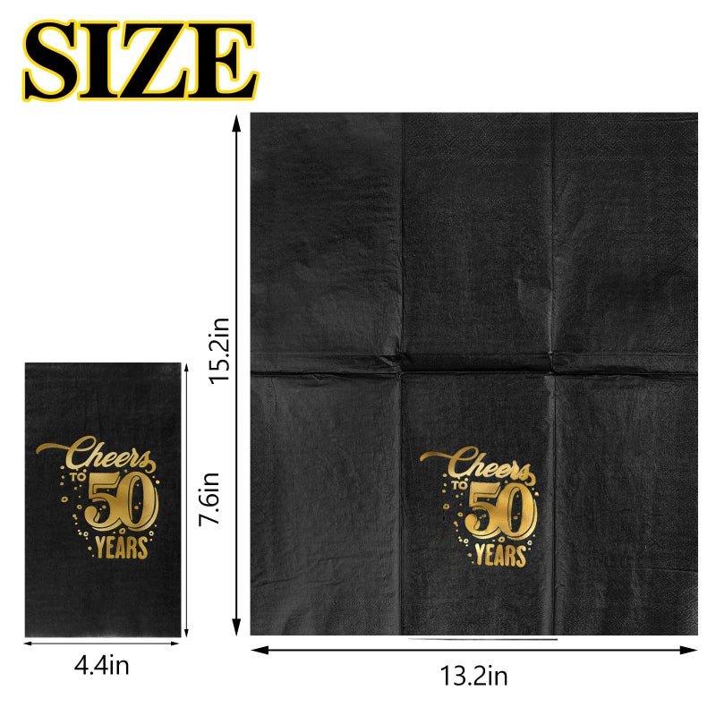Geyee 200 Pcs 50th/60th/70th Birthday Napkins Cheer to 50/60/70 Years Disposable Black and Gold Dinner Party Napkin for Men Women Anniversary Decoration(50th Birthday) - Image 3