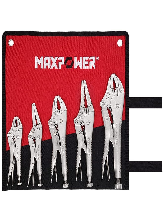 MAXPOWER 5-Piece Locking Pliers Set, Long Nose Pliers 9 Inch and 6 Inch, Curved Jaw Locking Plier 10 Inch 7 Inch and 5-Inch (Kitbag Included) - Image 1