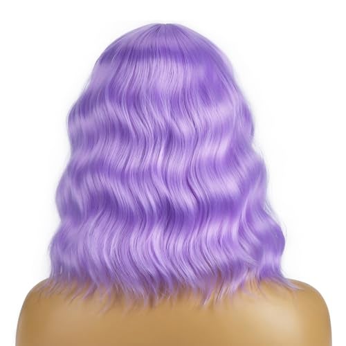BERON 14 Inches Purple Wig for Women Short Curly Wigs Lavender Purple Wig with Bangs for Cosplay Halloween Party Hairnet Include - Image 4
