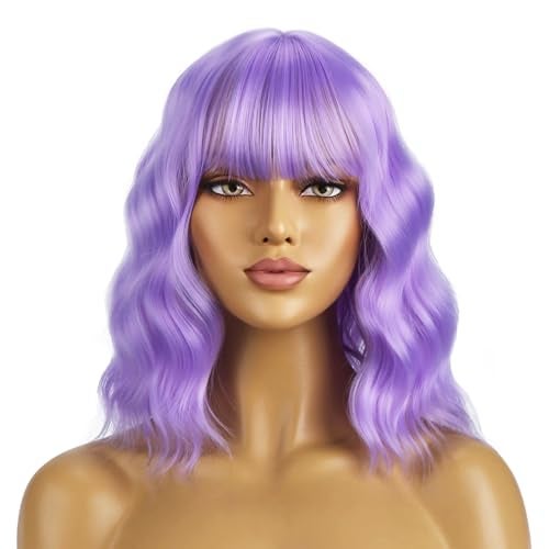 BERON 14 Inches Purple Wig for Women Short Curly Wigs Lavender Purple Wig with Bangs for Cosplay Halloween Party Hairnet Include - Image 2