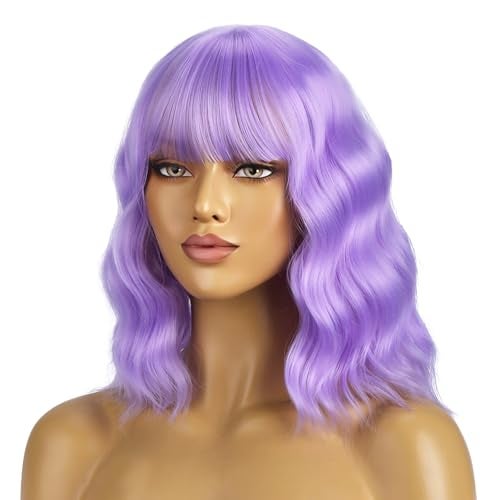 BERON 14 Inches Purple Wig for Women Short Curly Wigs Lavender Purple Wig with Bangs for Cosplay Halloween Party Hairnet Include - Image 3