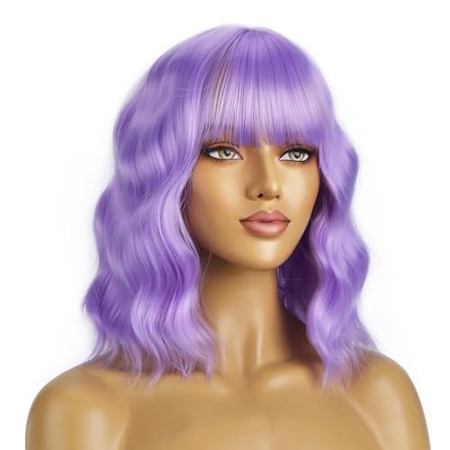 BERON 14 Inches Purple Wig for Women Short Curly Wigs Lavender Purple Wig with Bangs for Cosplay Halloween Party Hairnet Include - Image 1
