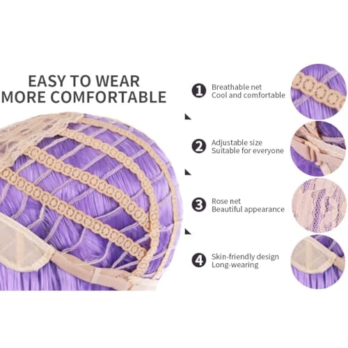 BERON 14 Inches Purple Wig for Women Short Curly Wigs Lavender Purple Wig with Bangs for Cosplay Halloween Party Hairnet Include - Image 5