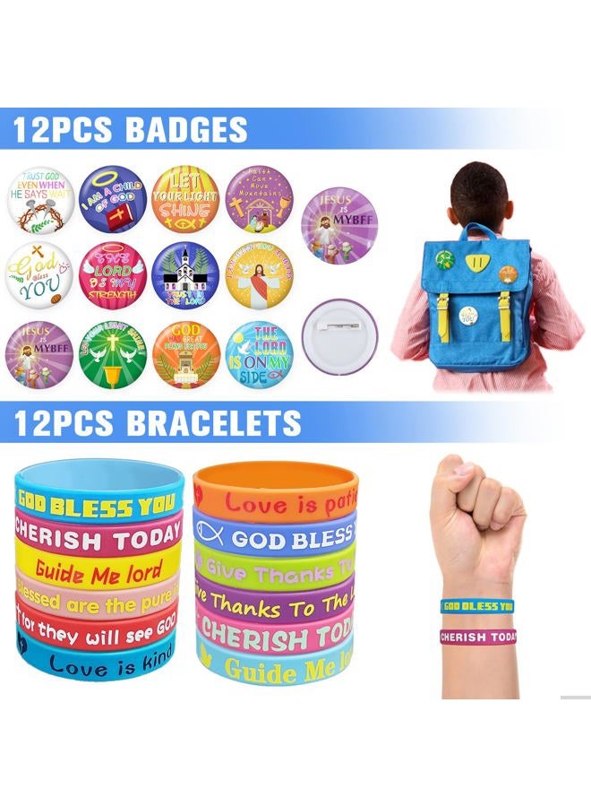 Tazimi 122 PCS Christian Bible Party Favors Jesus Party Favors Cross Goodie Bags with Stickers Rubber Bracelets Button Pins and Bags for Christian Party Supplies Decorations - Image 4