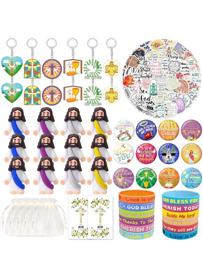 Tazimi 122 PCS Christian Bible Party Favors Jesus Party Favors Cross Goodie Bags with Stickers Rubber Bracelets Button Pins and Bags for Christian Party Supplies Decorations - Image 1