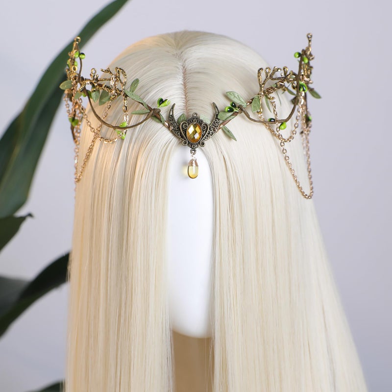 MOSTORY Medieval Elf Headpiece for Women - Gold Woodland Fairy Crown with Tassel for Renaissance Accessories, Floral Elven Circlet for Viking Costume Renfaire Cosplay Fairycore - Image 2