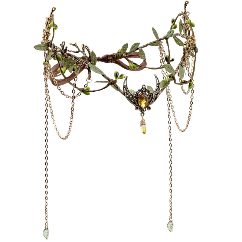 MOSTORY Medieval Elf Headpiece for Women - Gold Woodland Fairy Crown with Tassel for Renaissance Accessories, Floral Elven Circlet for Viking Costume Renfaire Cosplay Fairycore - Image 1