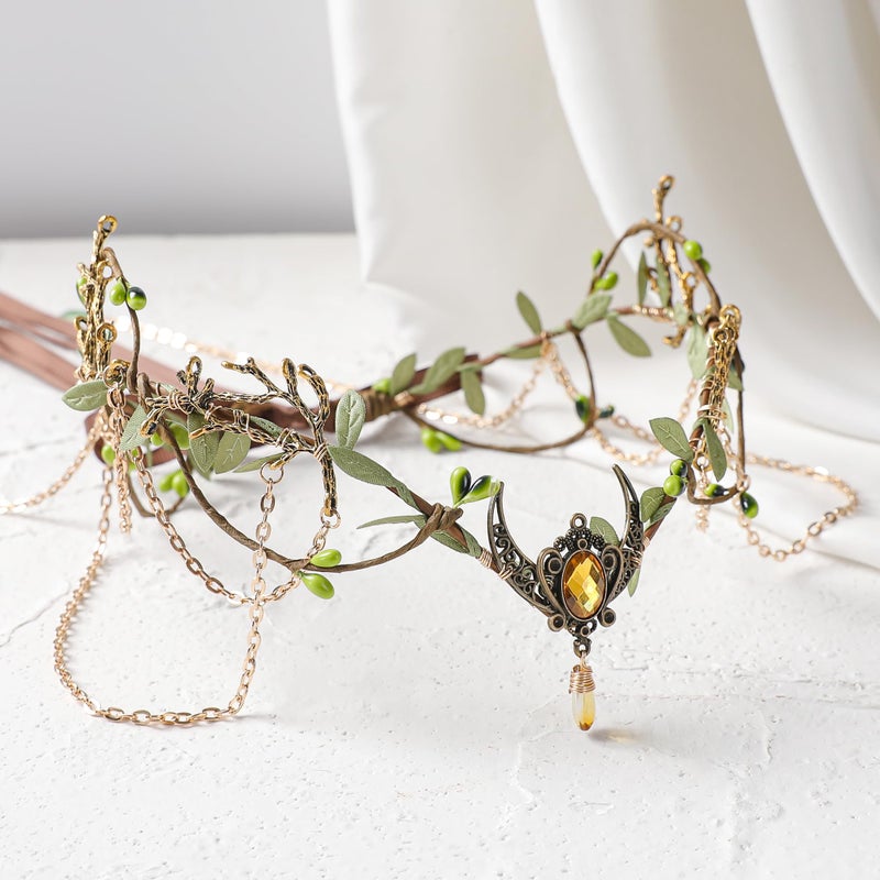 MOSTORY Medieval Elf Headpiece for Women - Gold Woodland Fairy Crown with Tassel for Renaissance Accessories, Floral Elven Circlet for Viking Costume Renfaire Cosplay Fairycore - Image 4